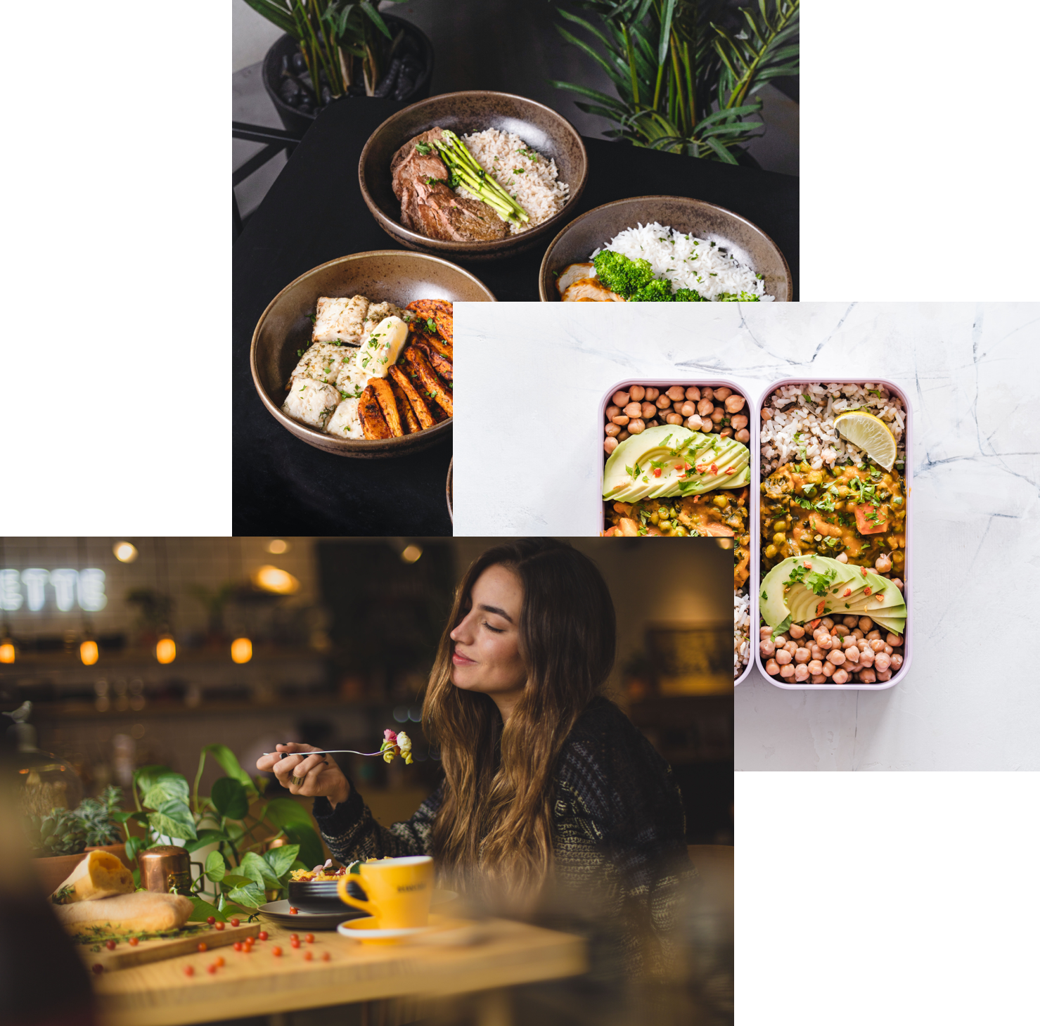 woman enjoying food, meals in a storage container, and food bowls on a table